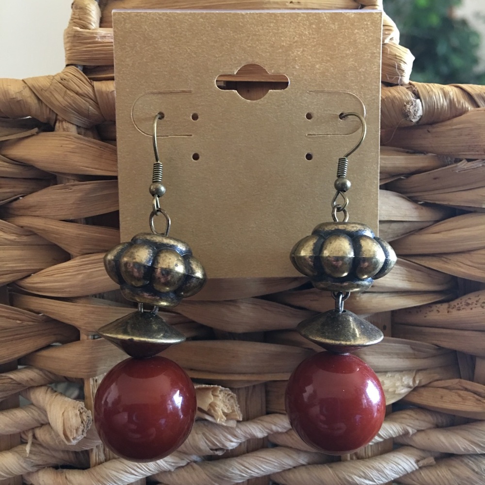 Boho brass tone brown glass bead drop earrings